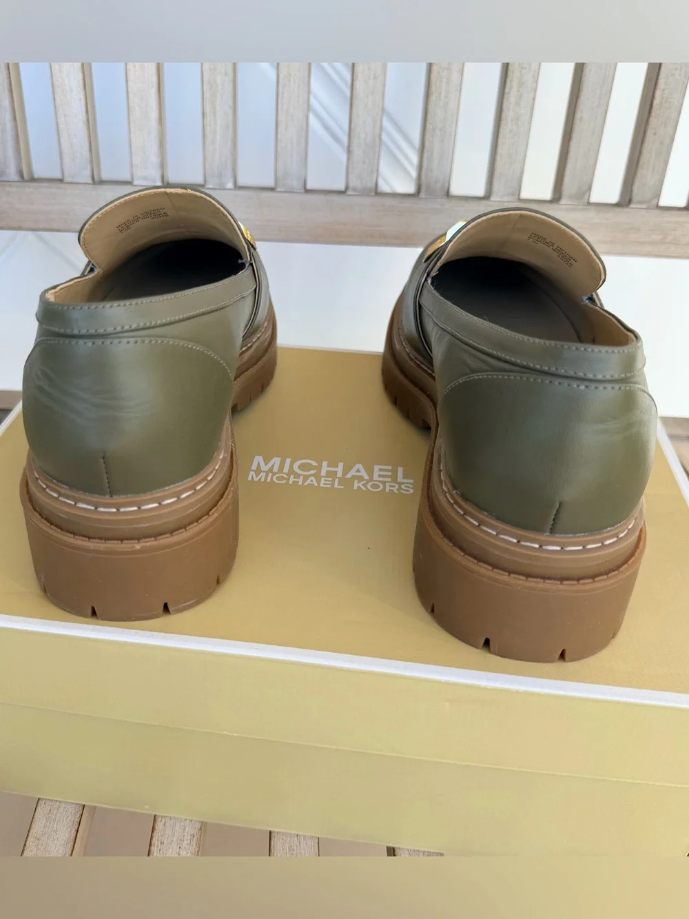 Michael Kors Parker Lug Loafers in Olive Leather with Gold MK Logo Hardware